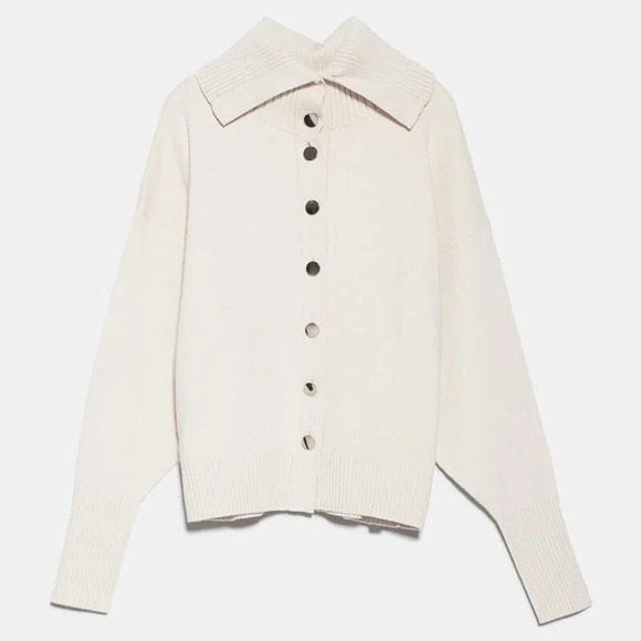 Zara  Knit High Neck Collar Gold Button Cardigan Sweater Ecru Cream Size Small - Picture 3 of 8